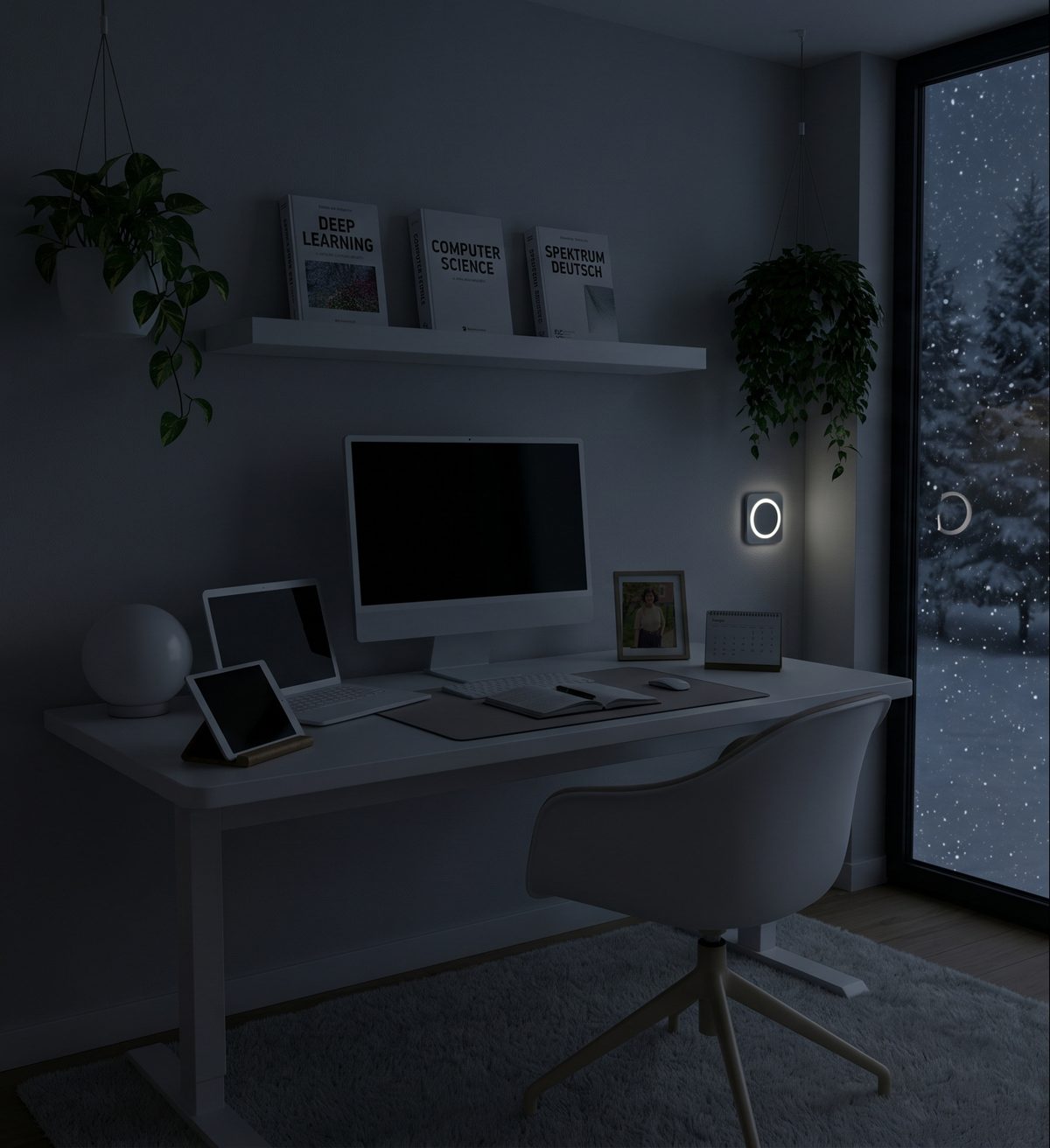 A home office at night, lit only by moonlight